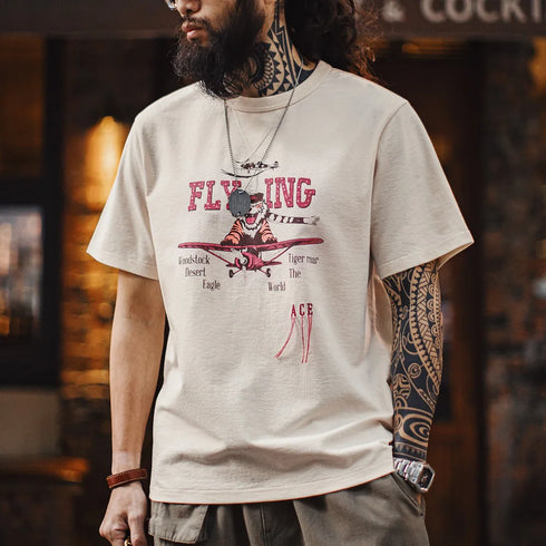 Men’s Retro Tiger Print T-Shirt – Loose Fit Summer Tee with Embroidered Letters
